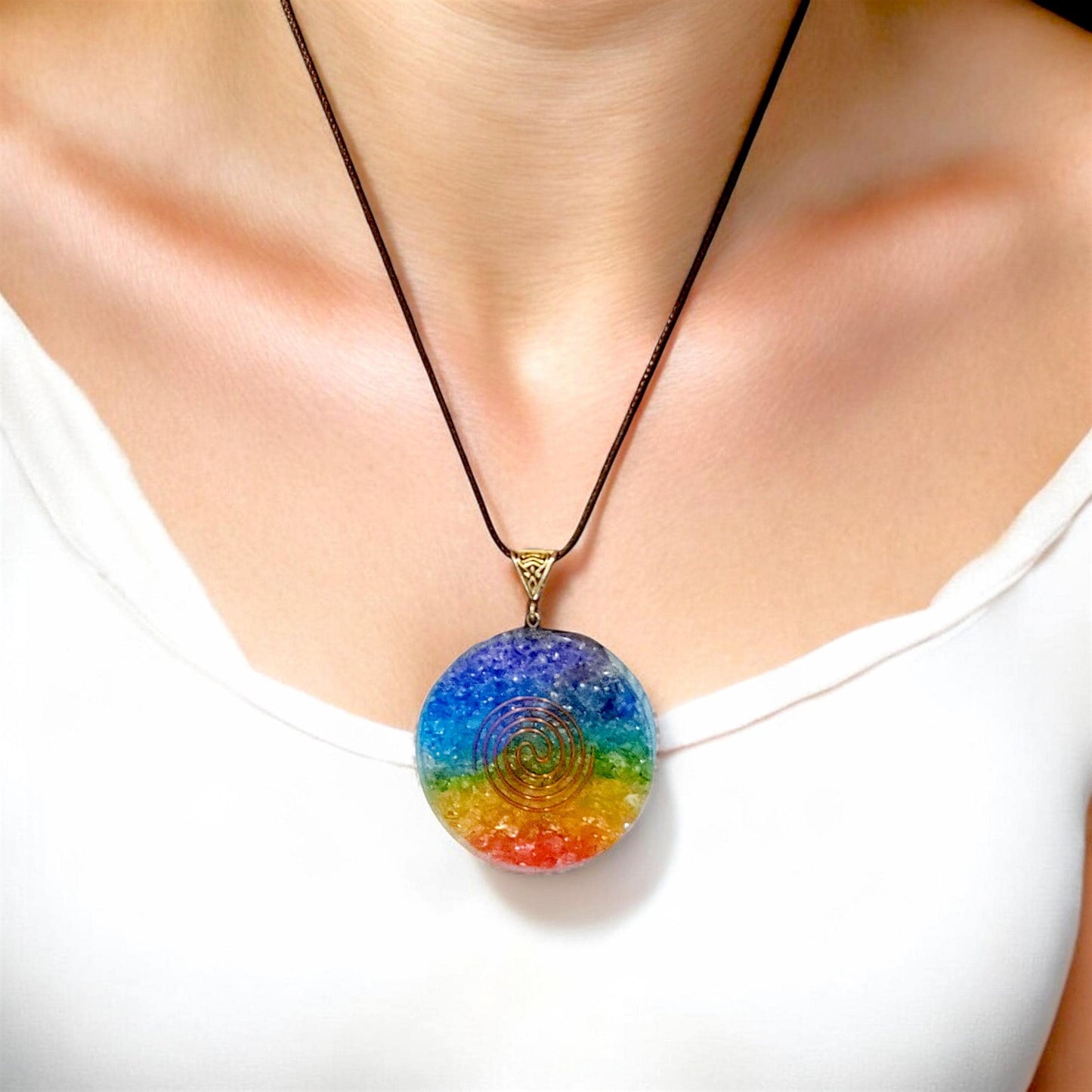 Seven Chakra Onyx Orgonite Pendant, Reiki Healing Necklace, EMF Protection, Energy Balancing, Spiritual Jewelry, Meditation Aid, Gift