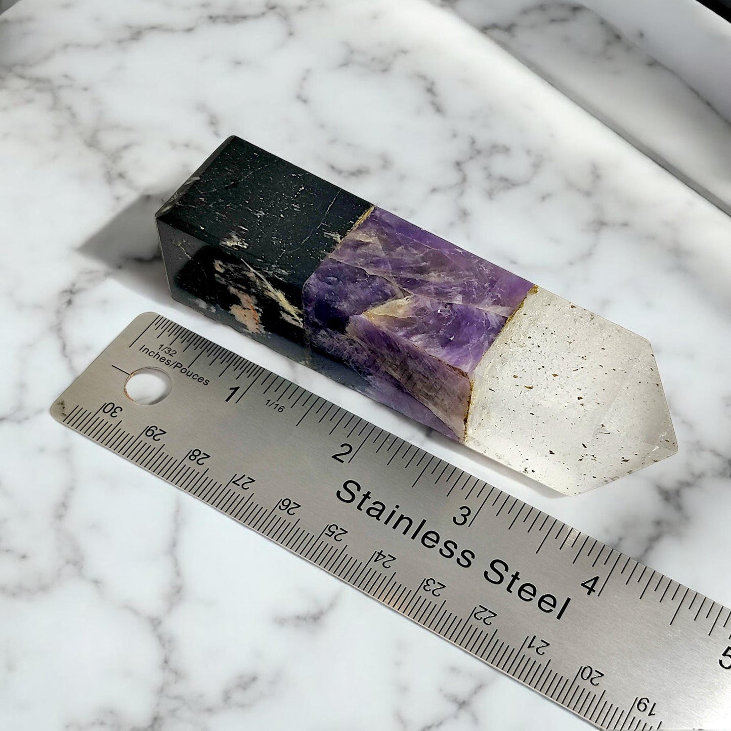 Celestial Guardian Crystal Tower, Clear Quartz Amethyst Black Tourmaline, Healing Stone, Protection, Grounding, Meditation Gift, Spiritual