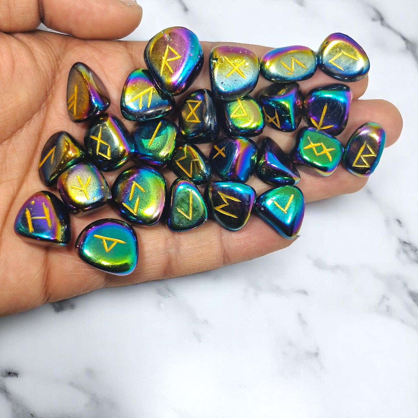 Rainbow Aura Quartz Rune Stones Set | 25 Elder Futhark Runes for Divination and Witchcraft | Iridescent Crystal Runes for Ritual and Gift