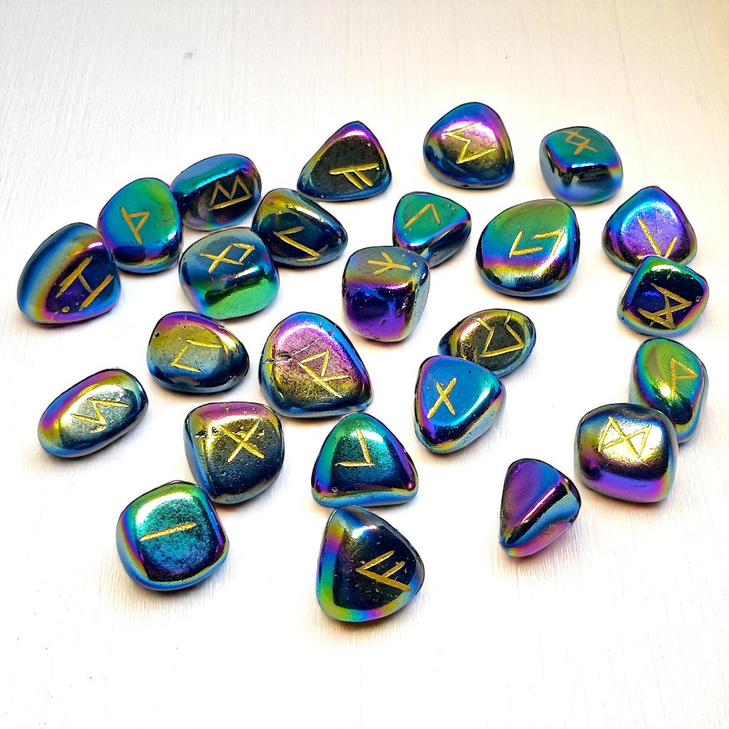 Rainbow Aura Quartz Rune Stones Set | 25 Elder Futhark Runes for Divination and Witchcraft | Iridescent Crystal Runes for Ritual and Gift