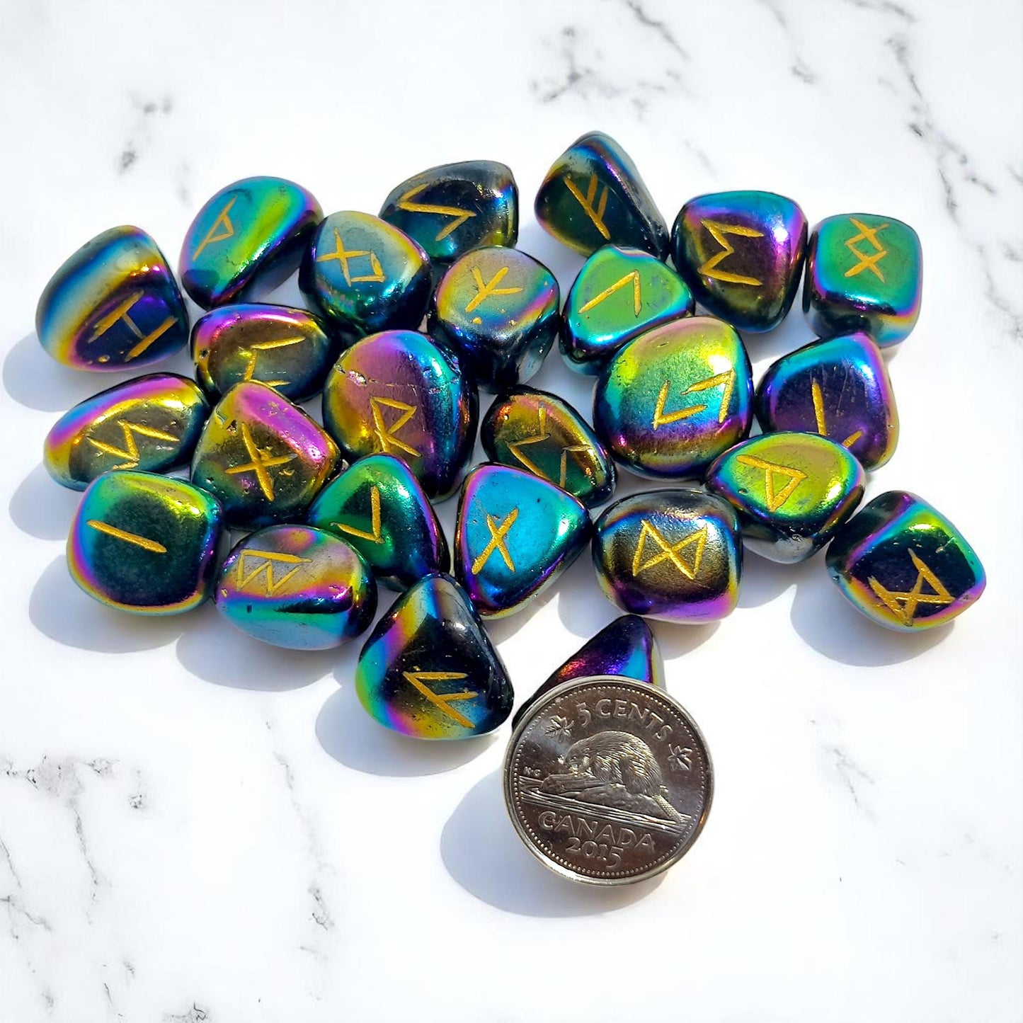 Rainbow Aura Quartz Rune Stones Set | 25 Elder Futhark Runes for Divination and Witchcraft | Iridescent Crystal Runes for Ritual and Gift