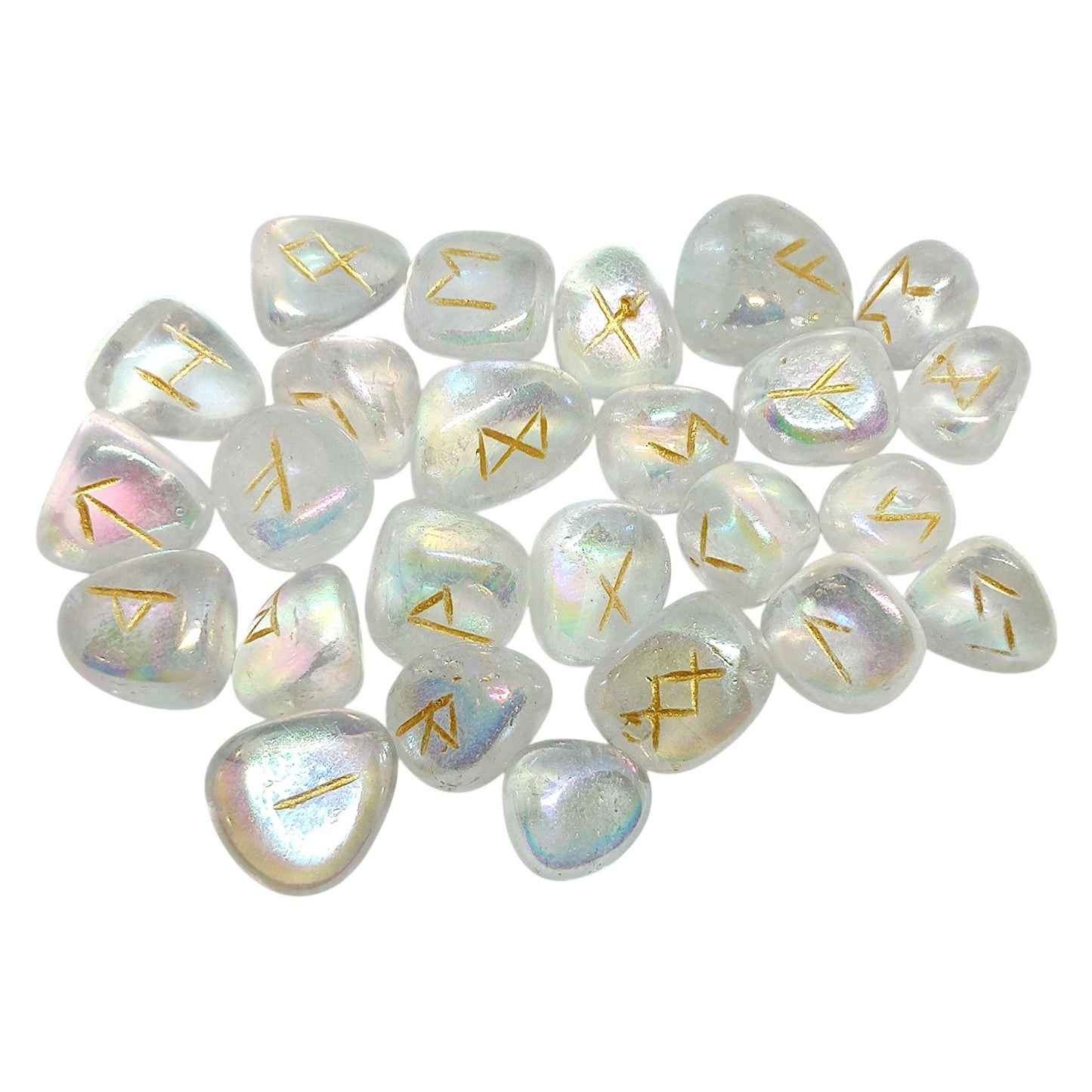 Aura Quartz Rune Stones Set | 25 Elder Futhark Runes for Divination and Witchcraft | Iridescent Crystal Set for Spiritual or Gift Use, Runic