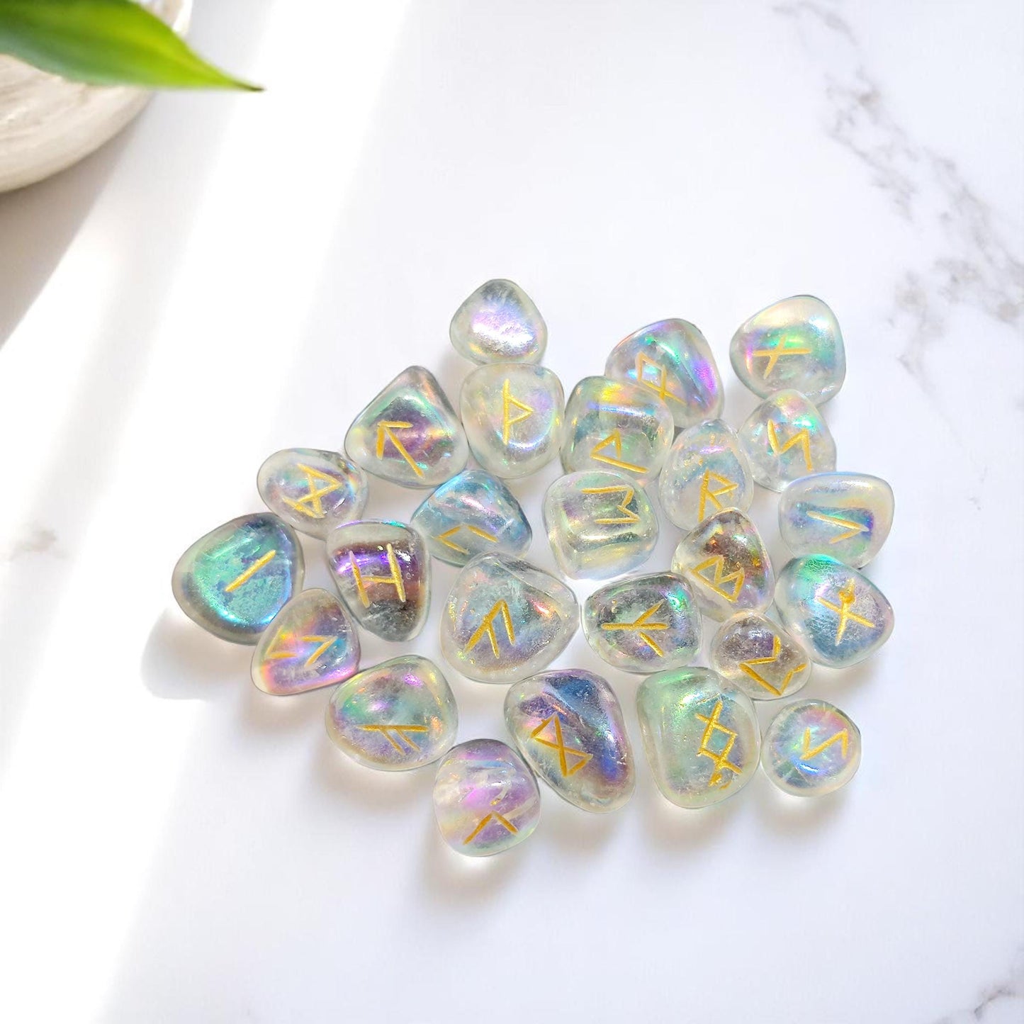 Aura Quartz Rune Stones Set | 25 Elder Futhark Runes for Divination and Witchcraft | Iridescent Crystal Set for Spiritual or Gift Use, Runic