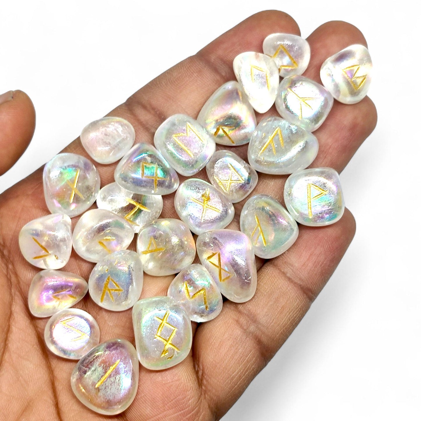 Aura Quartz Rune Stones Set | 25 Elder Futhark Runes for Divination and Witchcraft | Iridescent Crystal Set for Spiritual or Gift Use, Runic