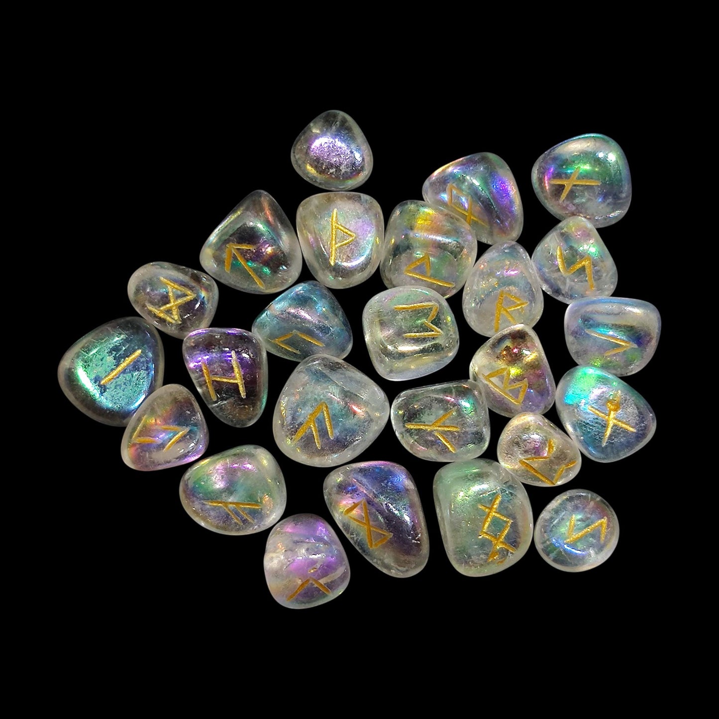 Aura Quartz Rune Stones Set | 25 Elder Futhark Runes for Divination and Witchcraft | Iridescent Crystal Set for Spiritual or Gift Use, Runic