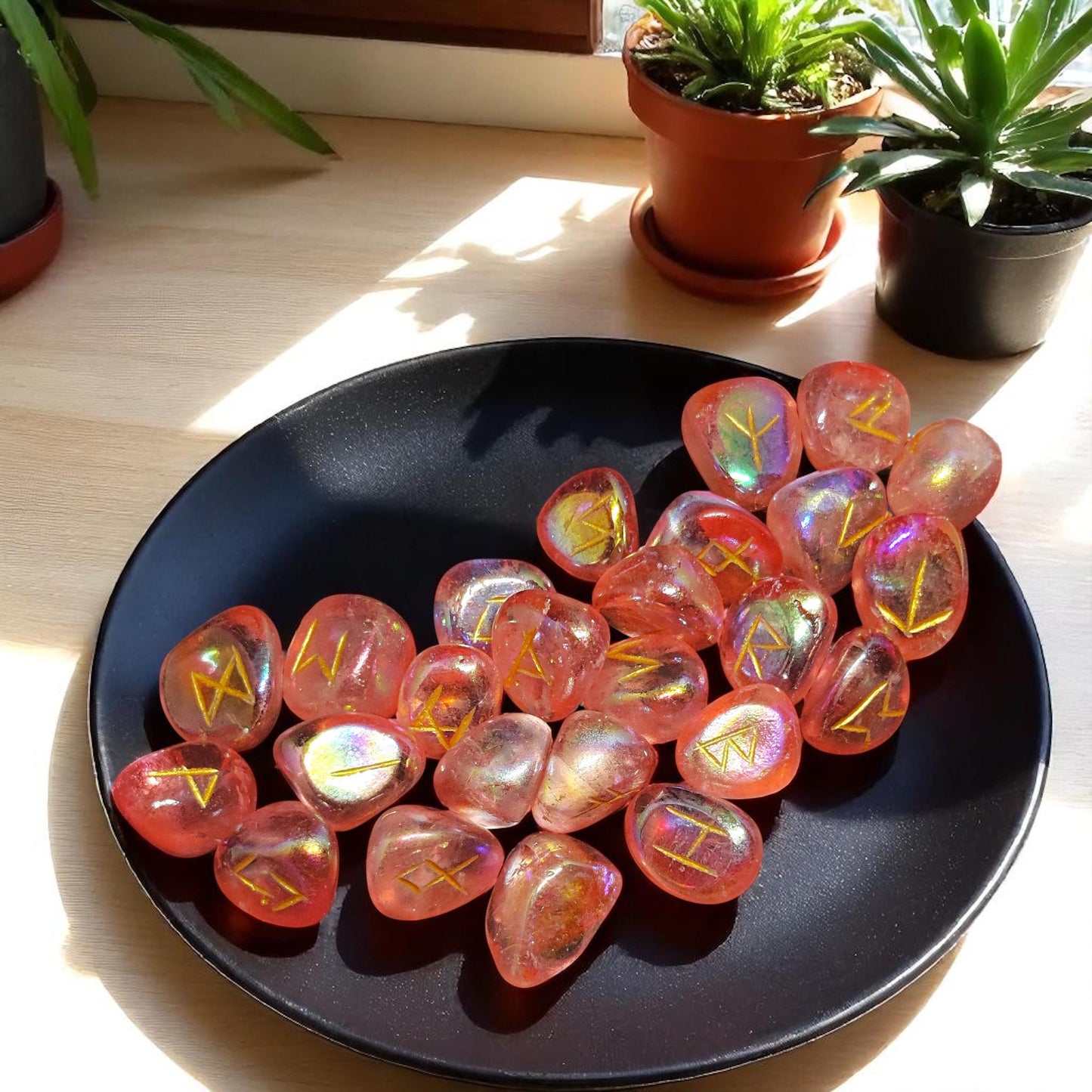 Tangerine Aura Quartz Rune Set | 25 Elder Futhark Crystal Runes for Divination, Witchcraft, and Chakra Healing | Orange Pink Runes Gift,