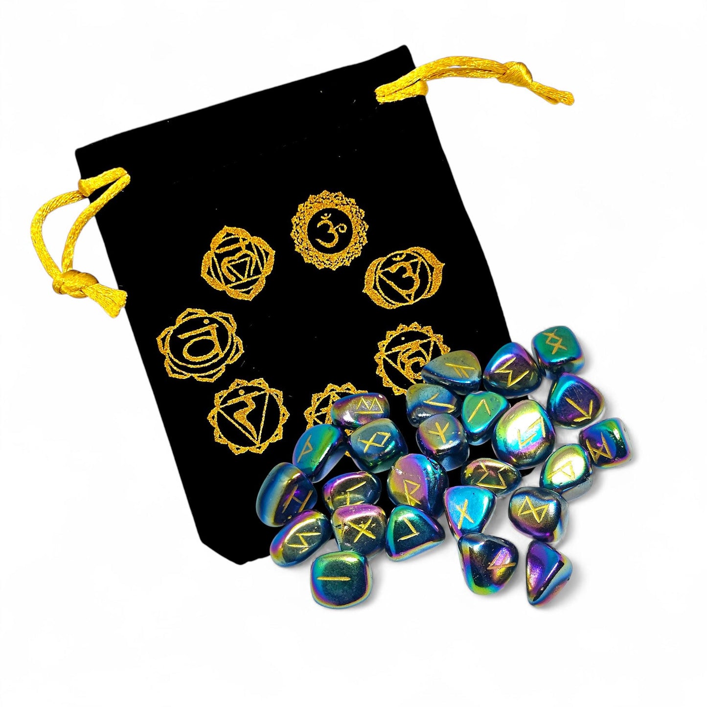 Rainbow Aura Quartz Rune Stones Set | 25 Elder Futhark Runes for Divination and Witchcraft | Iridescent Crystal Runes for Ritual and Gift