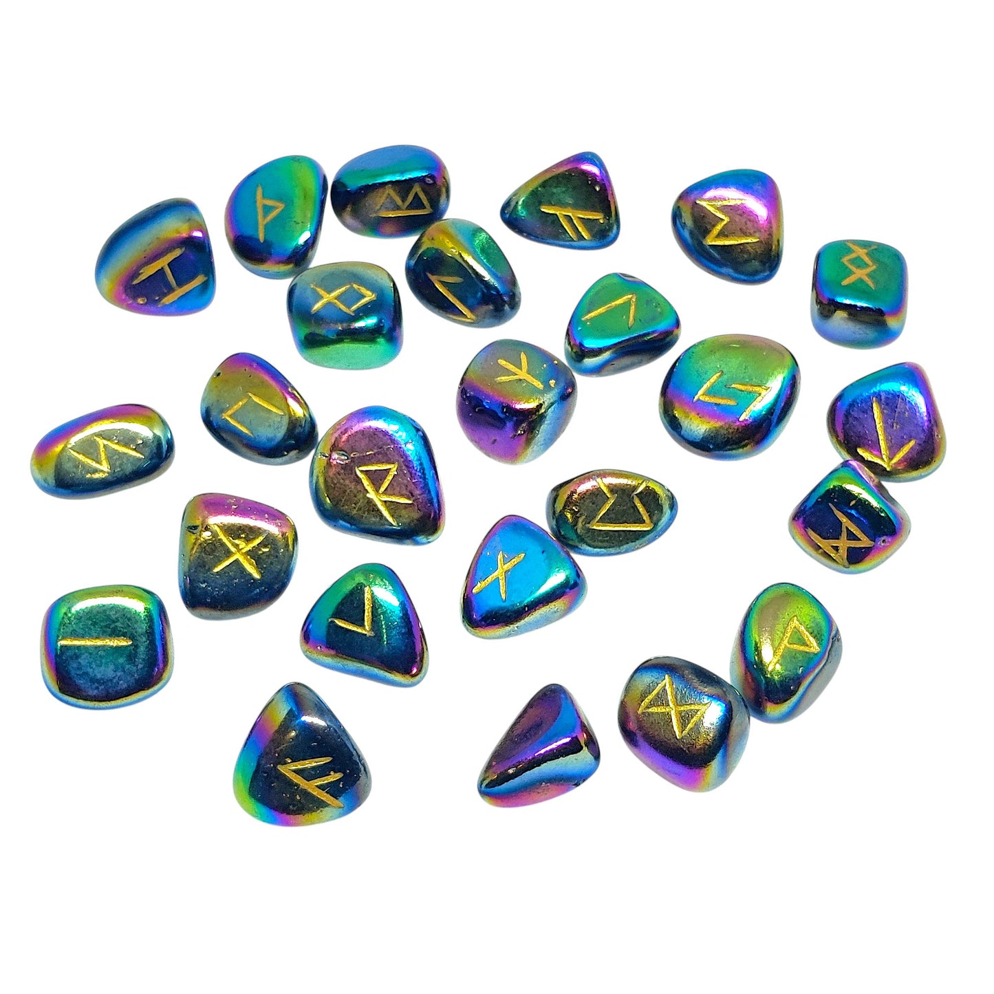 Rainbow Aura Quartz Rune Stones Set | 25 Elder Futhark Runes for Divination and Witchcraft | Iridescent Crystal Runes for Ritual and Gift