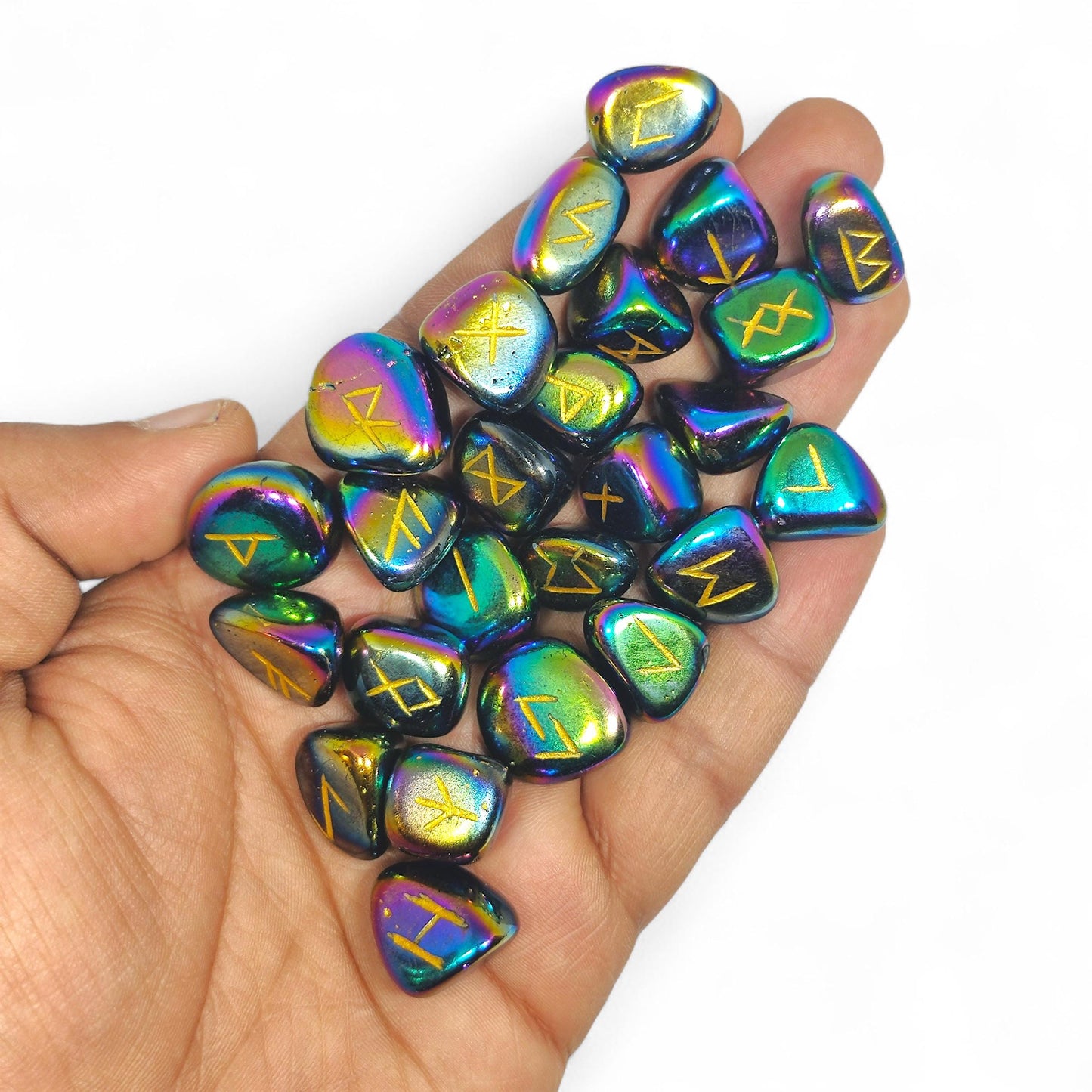 Rainbow Aura Quartz Rune Stones Set | 25 Elder Futhark Runes for Divination and Witchcraft | Iridescent Crystal Runes for Ritual and Gift