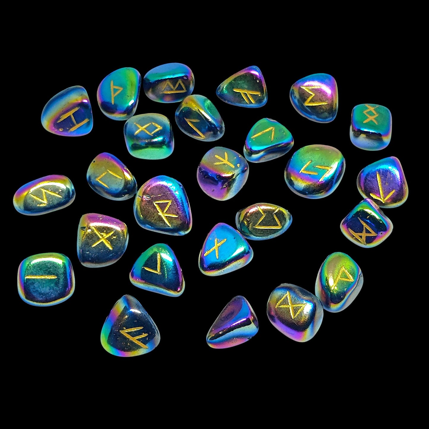 Rainbow Aura Quartz Rune Stones Set | 25 Elder Futhark Runes for Divination and Witchcraft | Iridescent Crystal Runes for Ritual and Gift