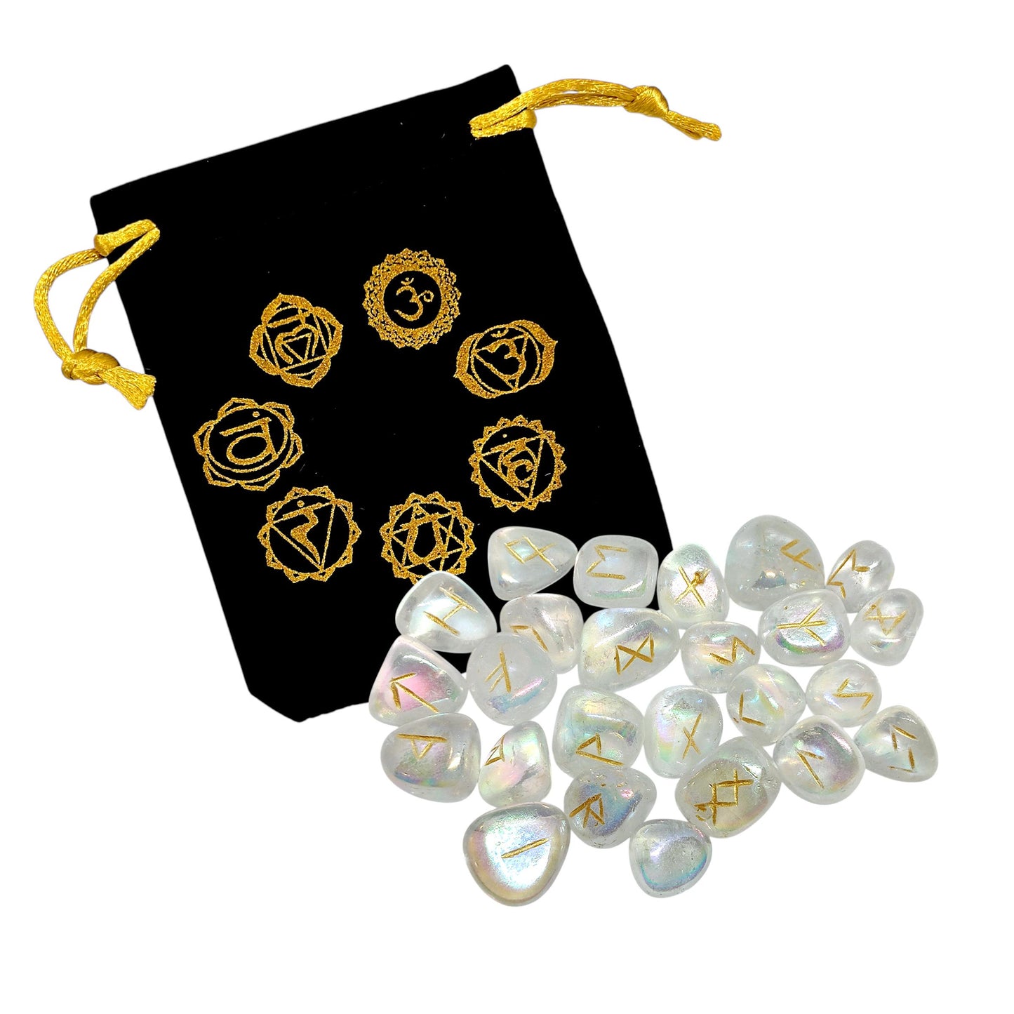 Aura Quartz Rune Stones Set | 25 Elder Futhark Runes for Divination and Witchcraft | Iridescent Crystal Set for Spiritual or Gift Use, Runic