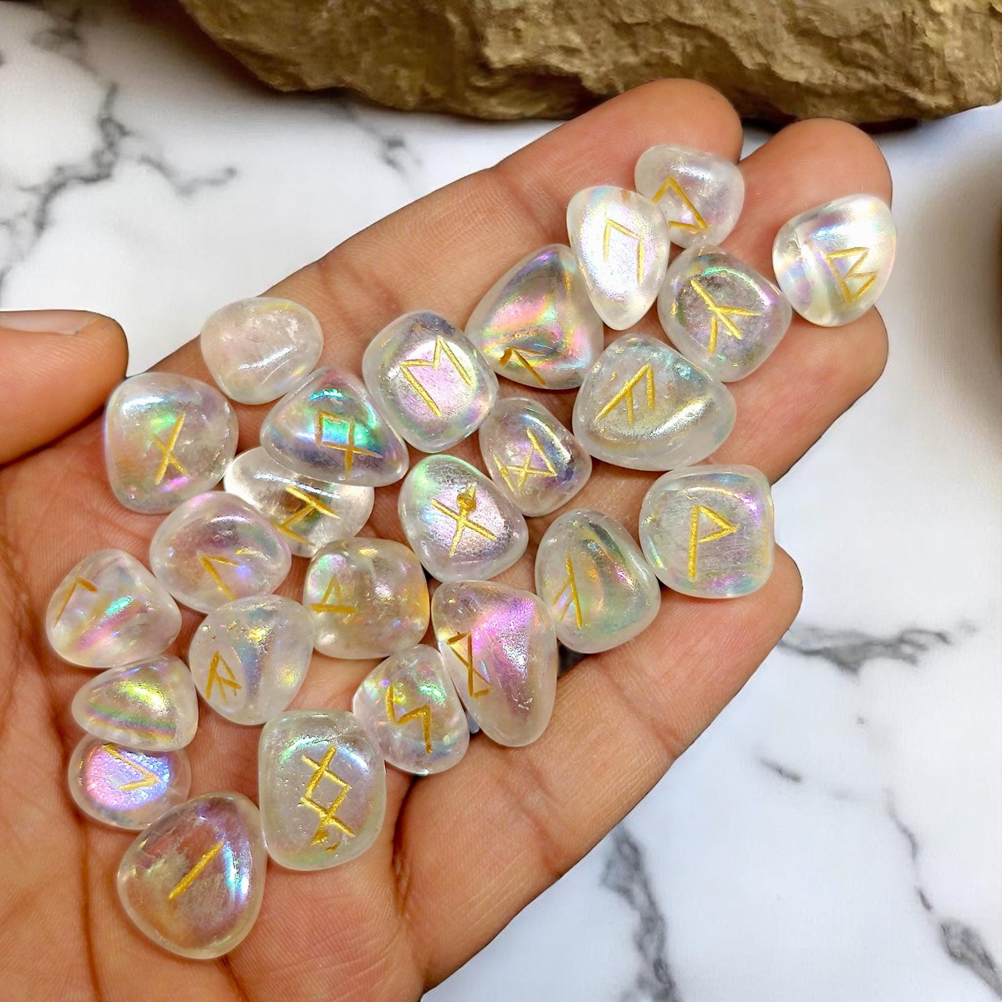 Aura Quartz Rune Stones Set | 25 Elder Futhark Runes for Divination and Witchcraft | Iridescent Crystal Set for Spiritual or Gift Use, Runic
