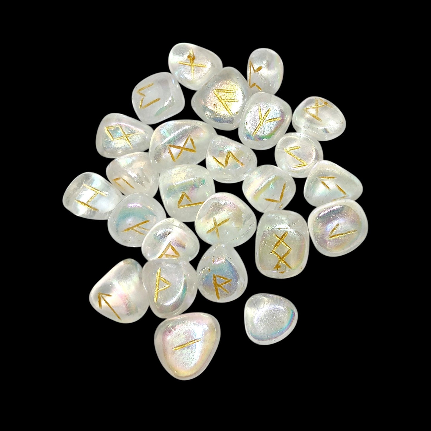 Aura Quartz Rune Stones Set | 25 Elder Futhark Runes for Divination and Witchcraft | Iridescent Crystal Set for Spiritual or Gift Use, Runic