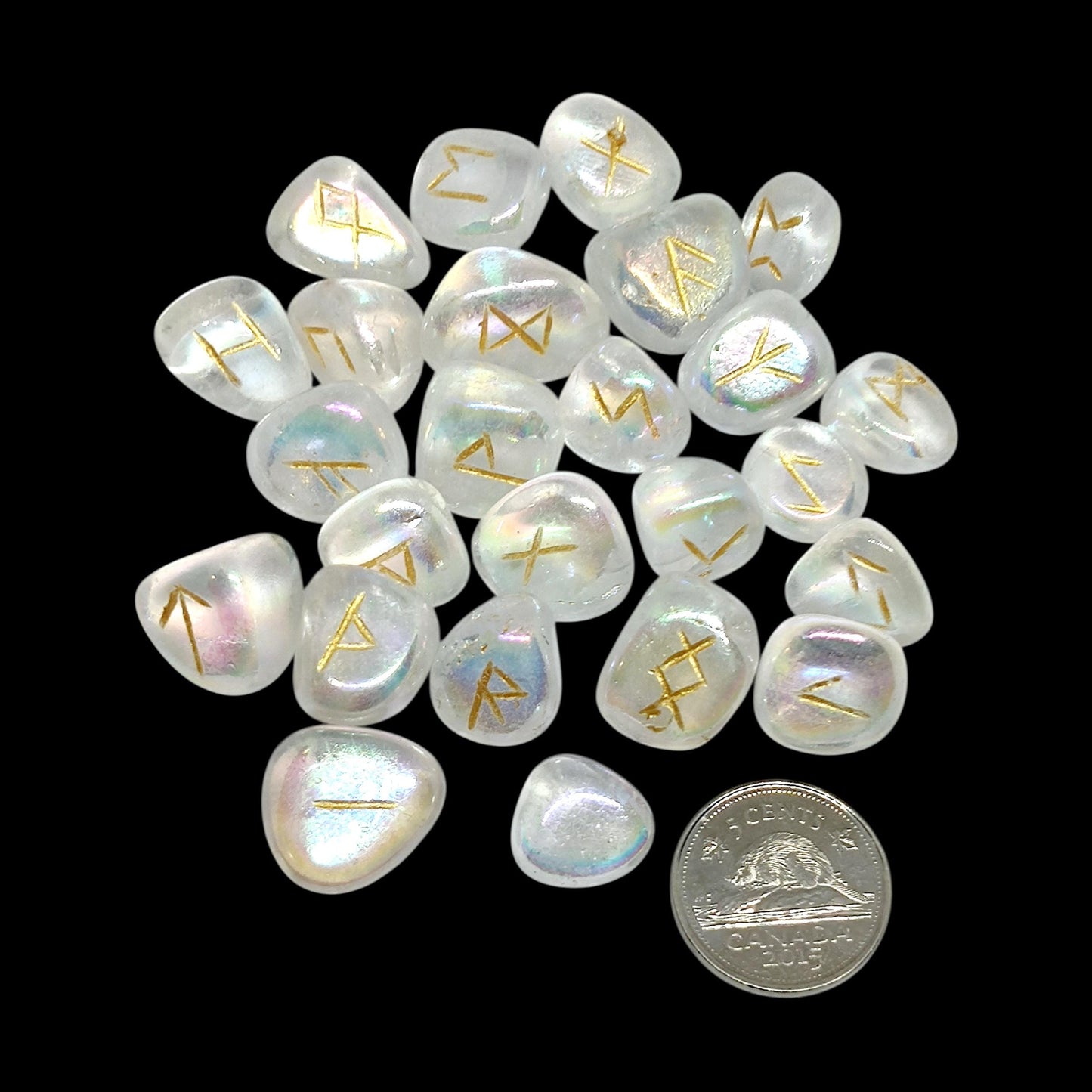 Aura Quartz Rune Stones Set | 25 Elder Futhark Runes for Divination and Witchcraft | Iridescent Crystal Set for Spiritual or Gift Use, Runic
