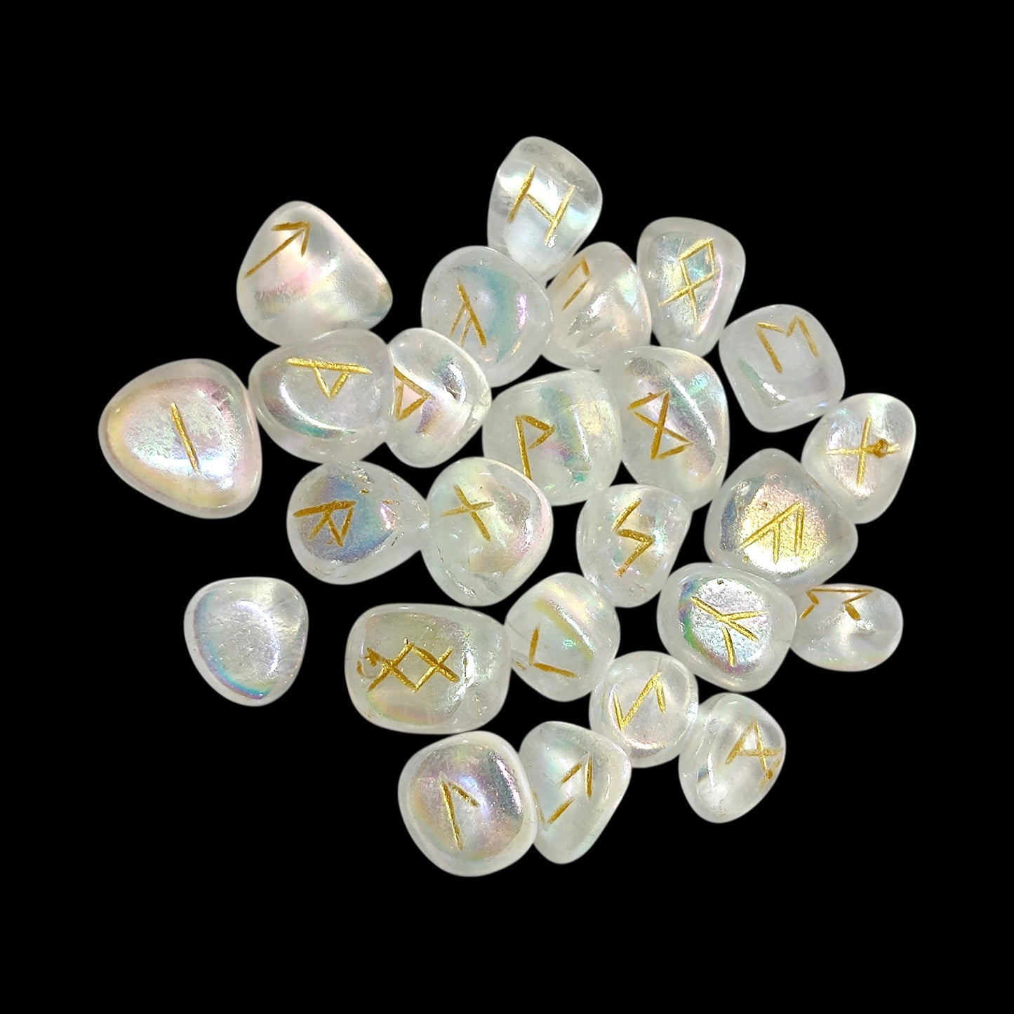 Aura Quartz Rune Stones Set | 25 Elder Futhark Runes for Divination and Witchcraft | Iridescent Crystal Set for Spiritual or Gift Use, Runic