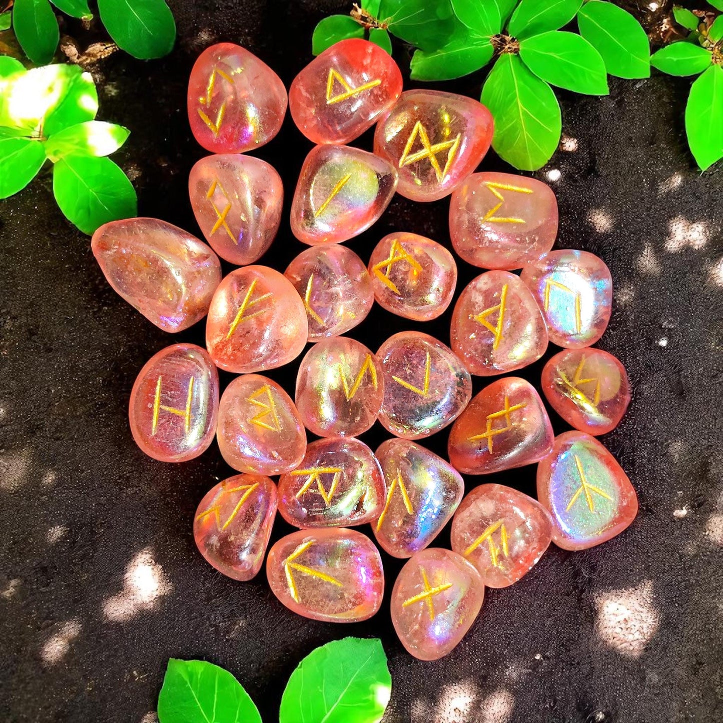 Tangerine Aura Quartz Rune Set | 25 Elder Futhark Crystal Runes for Divination, Witchcraft, and Chakra Healing | Orange Pink Runes Gift,