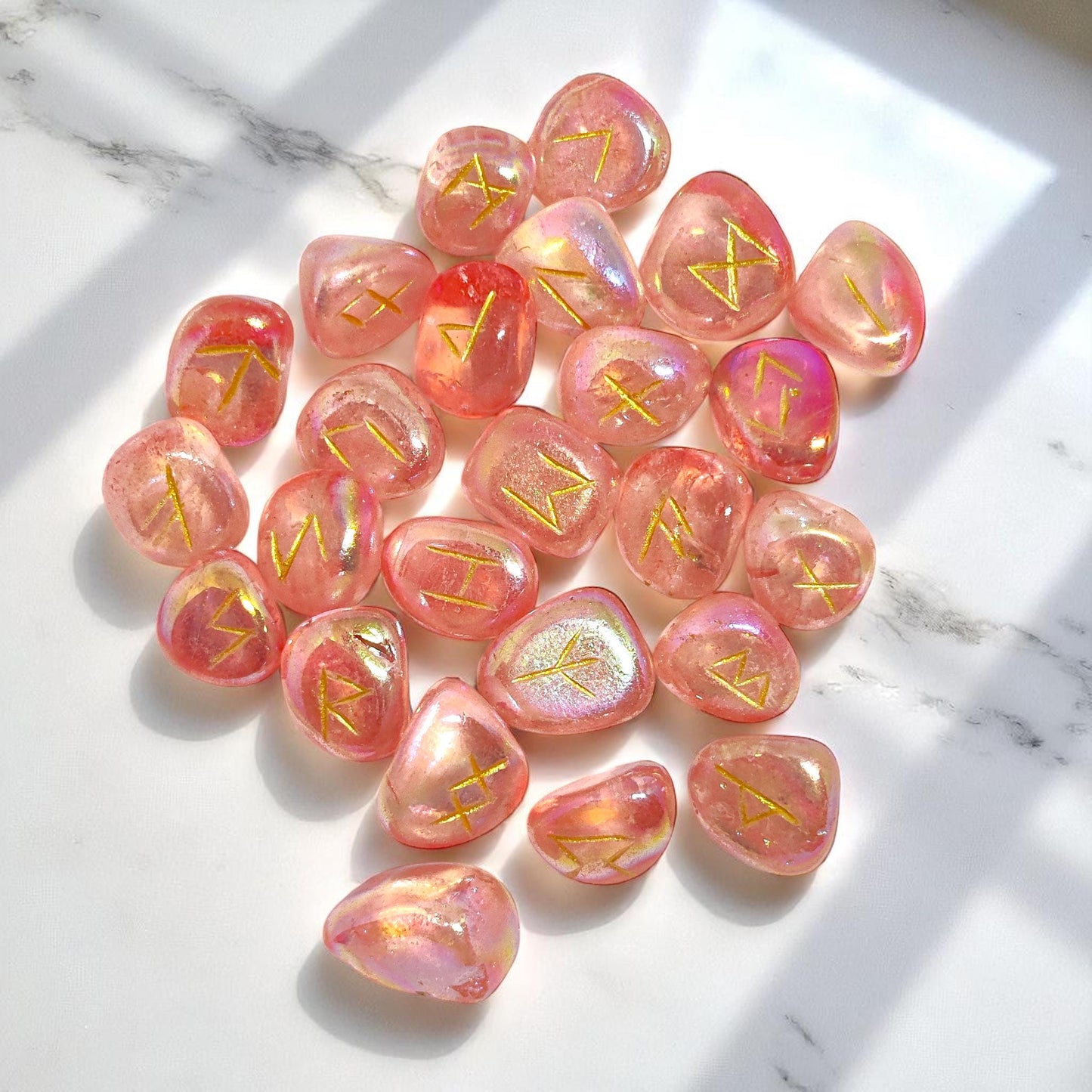 Tangerine Aura Quartz Rune Set | 25 Elder Futhark Crystal Runes for Divination, Witchcraft, and Chakra Healing | Orange Pink Runes Gift,