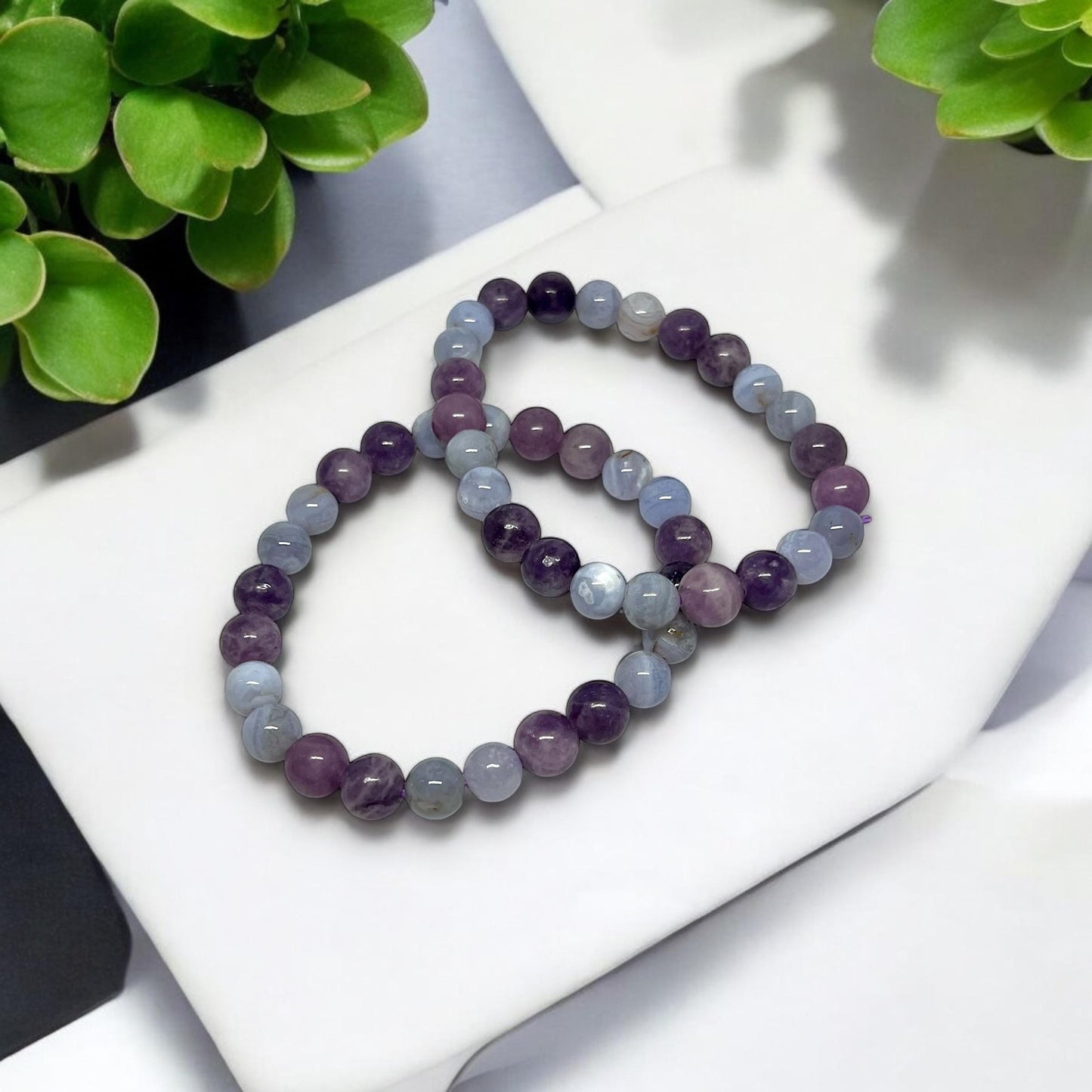 Lepidolite and Blue Lace Agate Bracelet | Calming Crystal Jewelry | Stress Relief & Emotional Healing