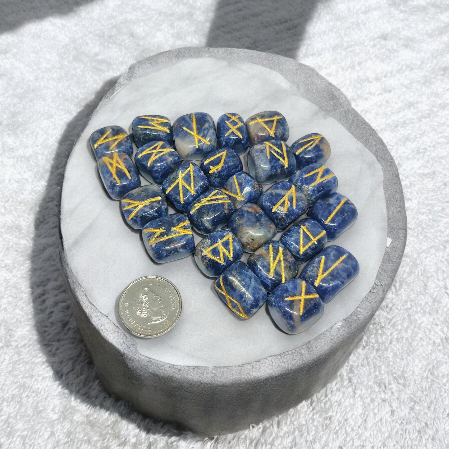 Sodalite Rune Stones Set | 25 Elder Futhark Runes | Blue Crystal Divination Tools | Spiritual Gift with Velvet Pouch