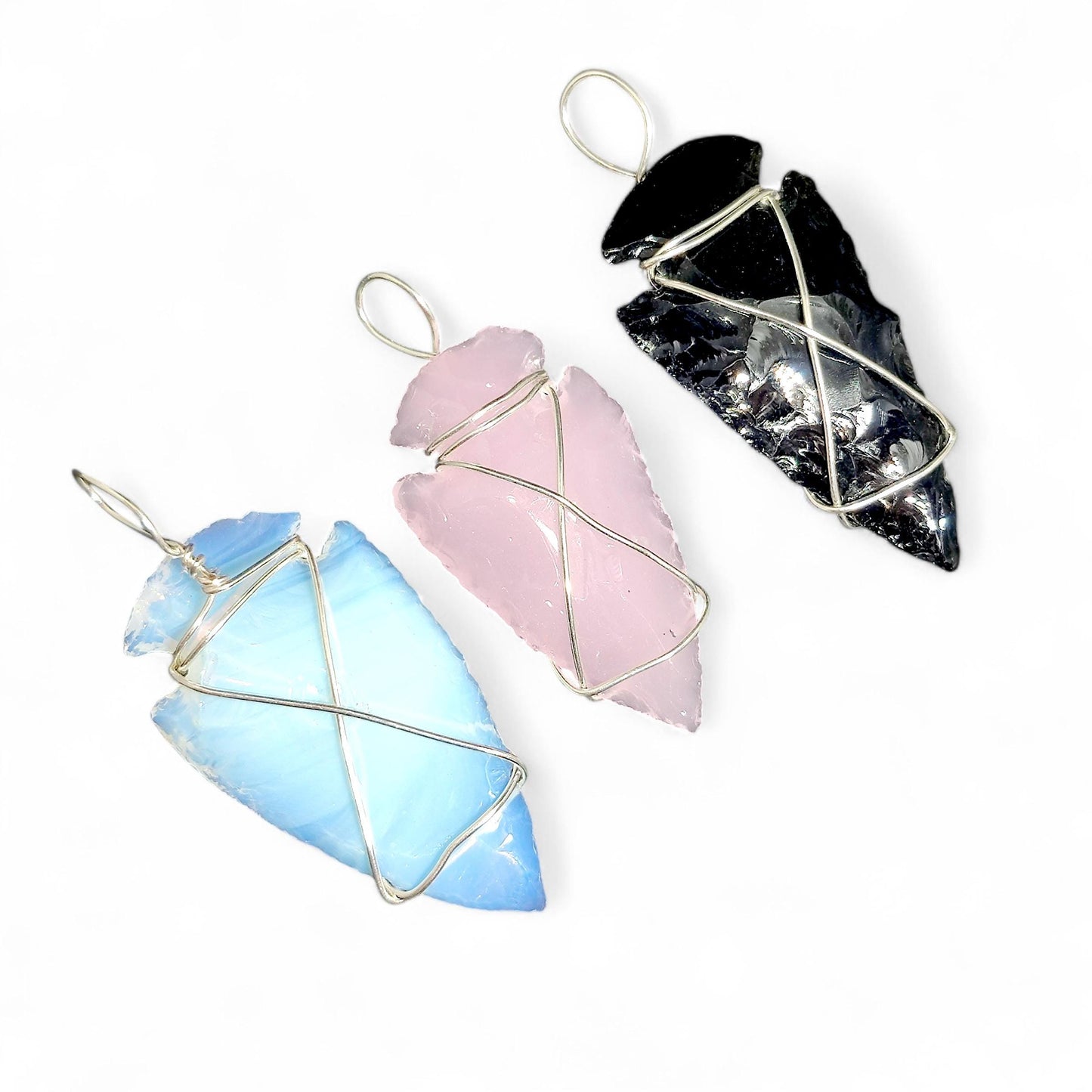 Set of 3 Crystal Arrowhead Pendants | Opalite, Obsidian, Pink Opalite | Wire Wrapped Necklace | Healing Stones | Boho Jewelry | Spiritual