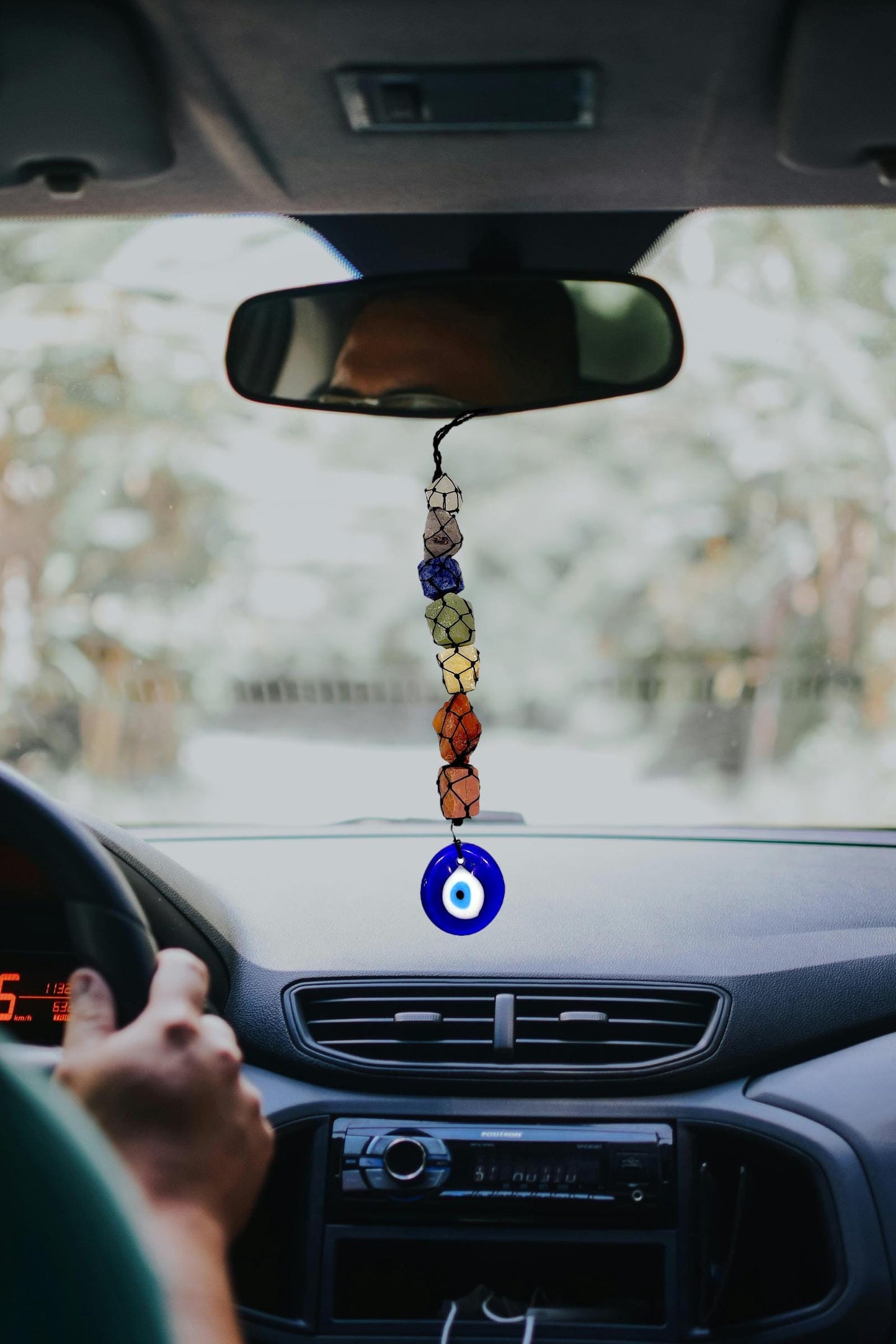 Seven Chakra Raw Crystal Car Hanger with Evil Eye | Healing Stones Rear View Mirror Charm | Spiritual Protection Decor | Balancing Gift