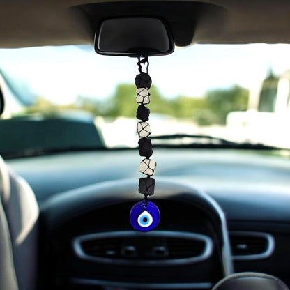 Black Tourmaline & Selenite Car Hanger | Protection Crystal Set | EMF Shield | Negative Energy Absorber | Cleansing Stones | Rearview Mirror