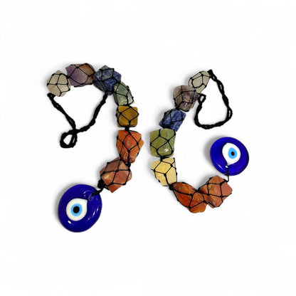 Seven Chakra Raw Crystal Car Hanger with Evil Eye | Healing Stones Rear View Mirror Charm | Spiritual Protection Decor | Balancing Gift