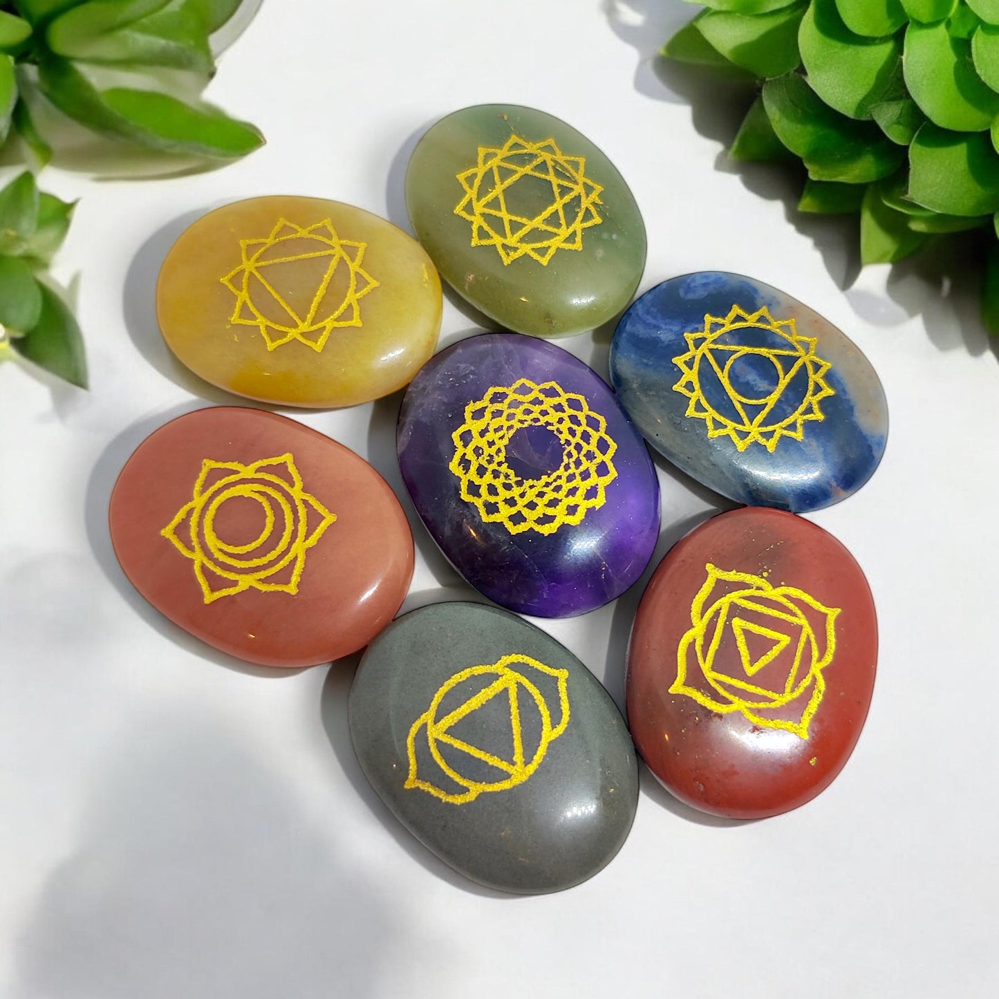 Seven Chakra Engraved Crystal Set | Reiki Healing Stones | Meditation Gems | Spiritual Gift | Balancing Crystals | Holistic Therapy Tools