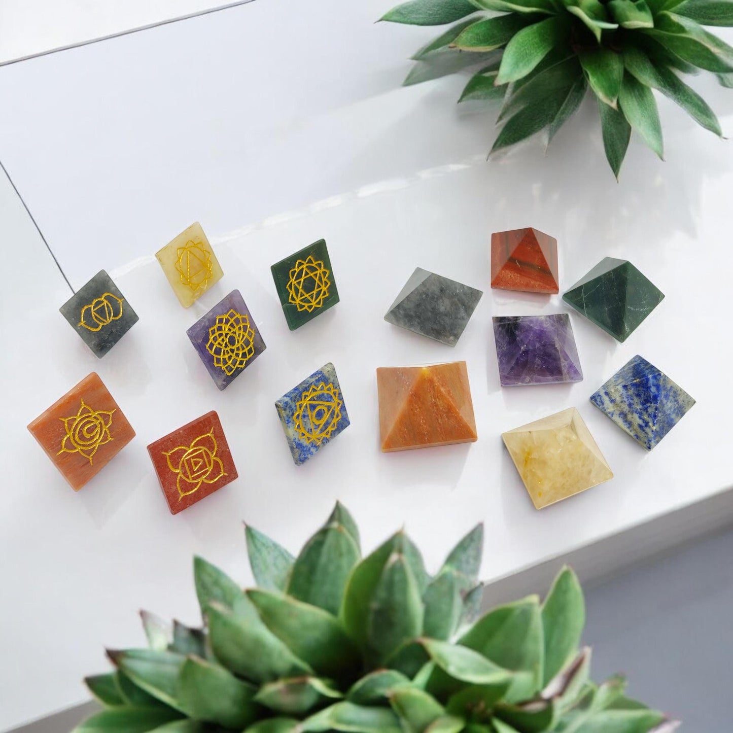 Seven Chakra Pyramid Set | Engraved Gemstone Pyramids | Reiki Healing Crystals | Chakra Balancing Stones | Meditation Tool | Altar Decor