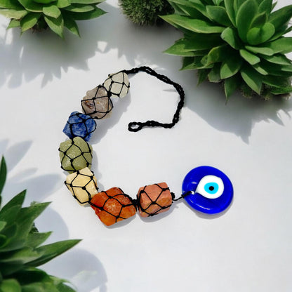 Seven Chakra Raw Crystal Car Hanger with Evil Eye | Healing Stones Rear View Mirror Charm | Spiritual Protection Decor | Balancing Gift