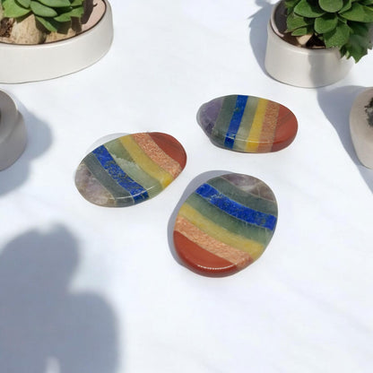 Seven Chakra Worry Stone | Oval Shaped Anxiety Relief Crystal | Chakra Balancing Palm Stone | Meditation & Healing Tool | Reiki Energy Thumb