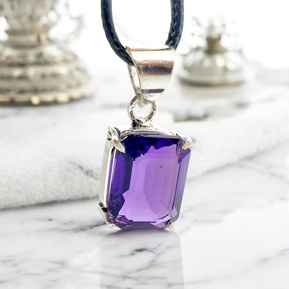 Emerald Cut Amethyst Pendant | German Silver Necklace | Purple Gemstone Jewelry | Healing Crystal Gift | Elegant Handmade Charm | Certified.