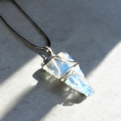 Opalite Raw Crystal Pendant | Wire Wrapped Moonstone Necklace | Handmade Reiki Infused Jewelry | Emotional Healing | Intuition Booster