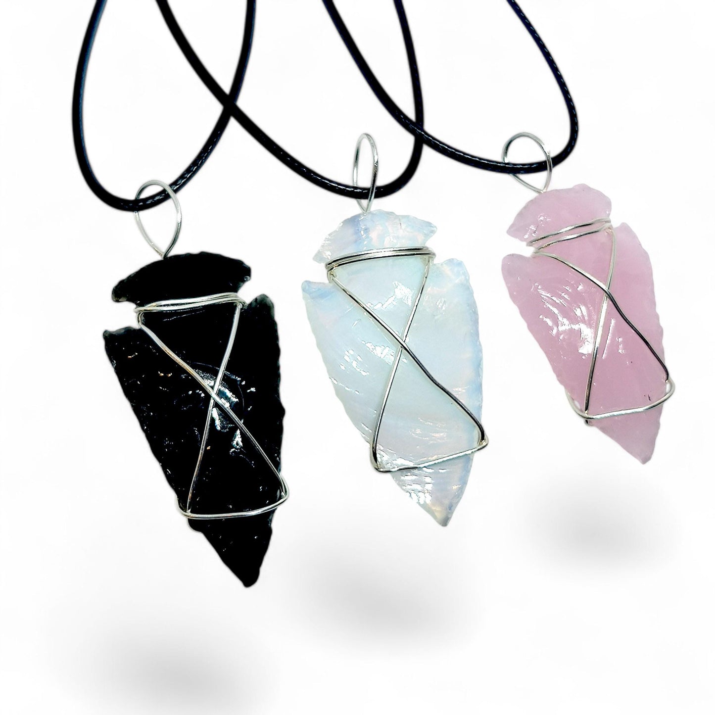 Set of 3 Crystal Arrowhead Pendants | Opalite, Obsidian, Pink Opalite | Wire Wrapped Necklace | Healing Stones | Boho Jewelry | Spiritual