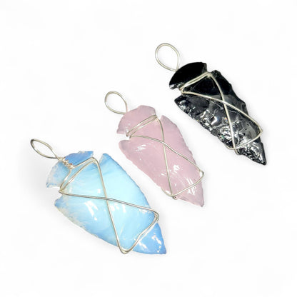 Set of 3 Crystal Arrowhead Pendants | Opalite, Obsidian, Pink Opalite | Wire Wrapped Necklace | Healing Stones | Boho Jewelry | Spiritual