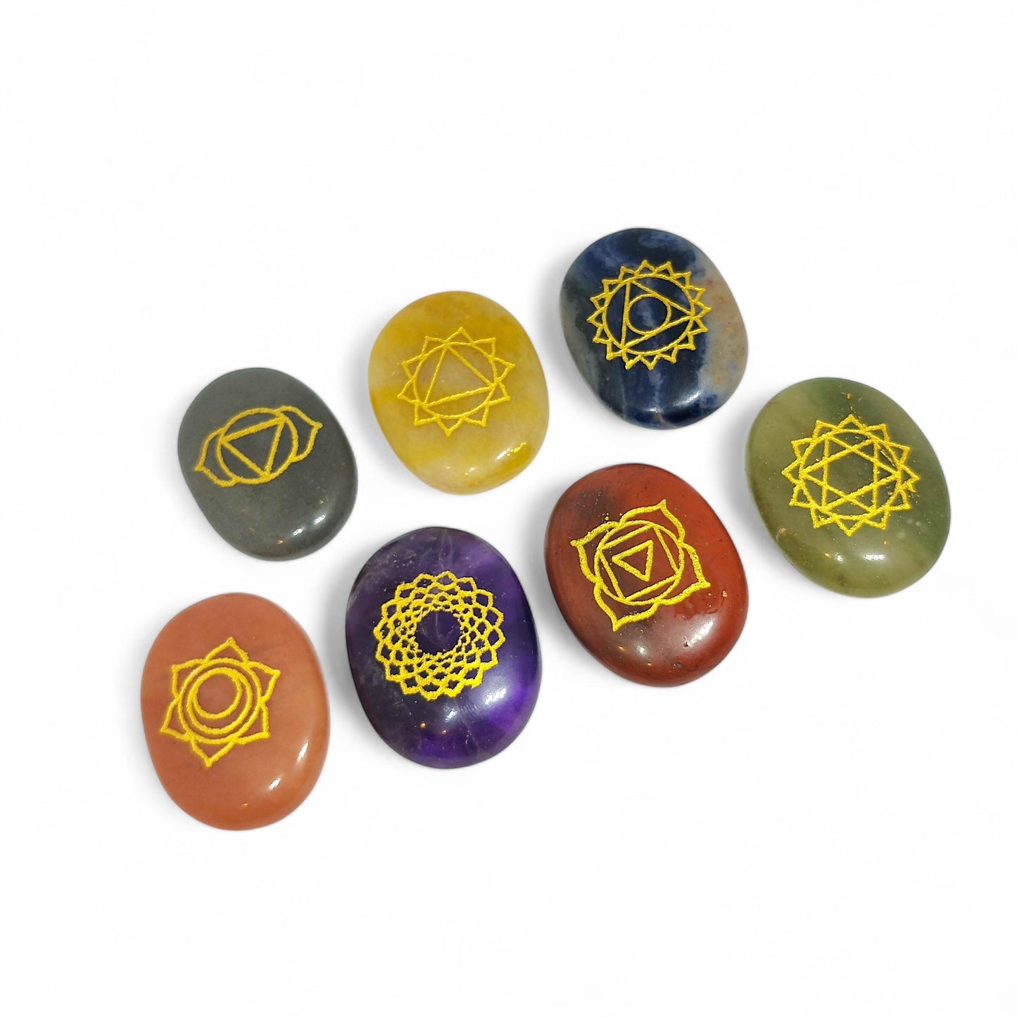 Seven Chakra Engraved Crystal Set | Reiki Healing Stones | Meditation Gems | Spiritual Gift | Balancing Crystals | Holistic Therapy Tools