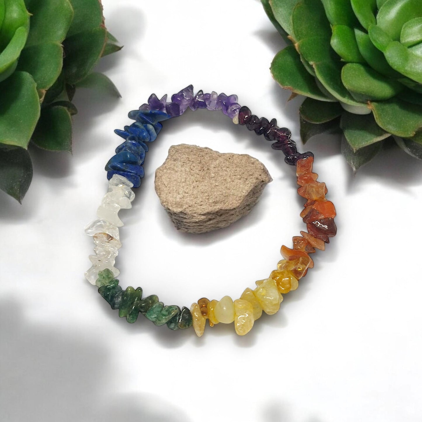 Seven Chakra Chips Bracelet | Healing Crystal Jewelry | Amethyst, Lapis, Clear Quartz, Green Aventurine, Citrine, Carnelian, Garnet | Reiki