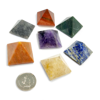 Seven Chakra Pyramid Set | Engraved Gemstone Pyramids | Reiki Healing Crystals | Chakra Balancing Stones | Meditation Tool | Altar Decor