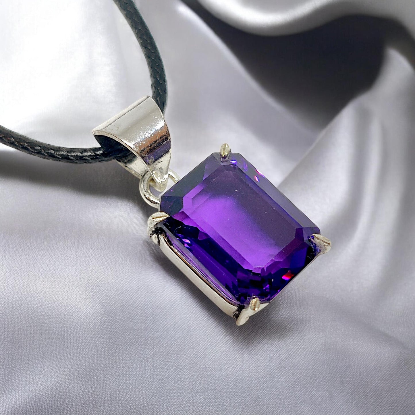 Emerald Cut Amethyst Pendant | German Silver Necklace | Purple Gemstone Jewelry | Healing Crystal Gift | Elegant Handmade Charm | Certified.