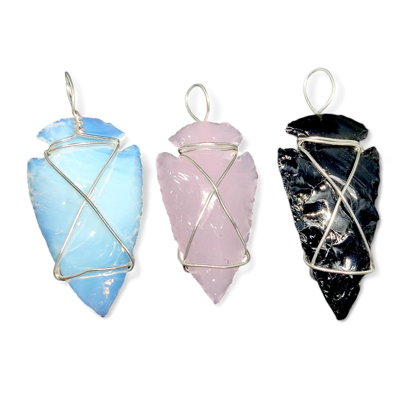 Set of 3 Crystal Arrowhead Pendants | Opalite, Obsidian, Pink Opalite | Wire Wrapped Necklace | Healing Stones | Boho Jewelry | Spiritual