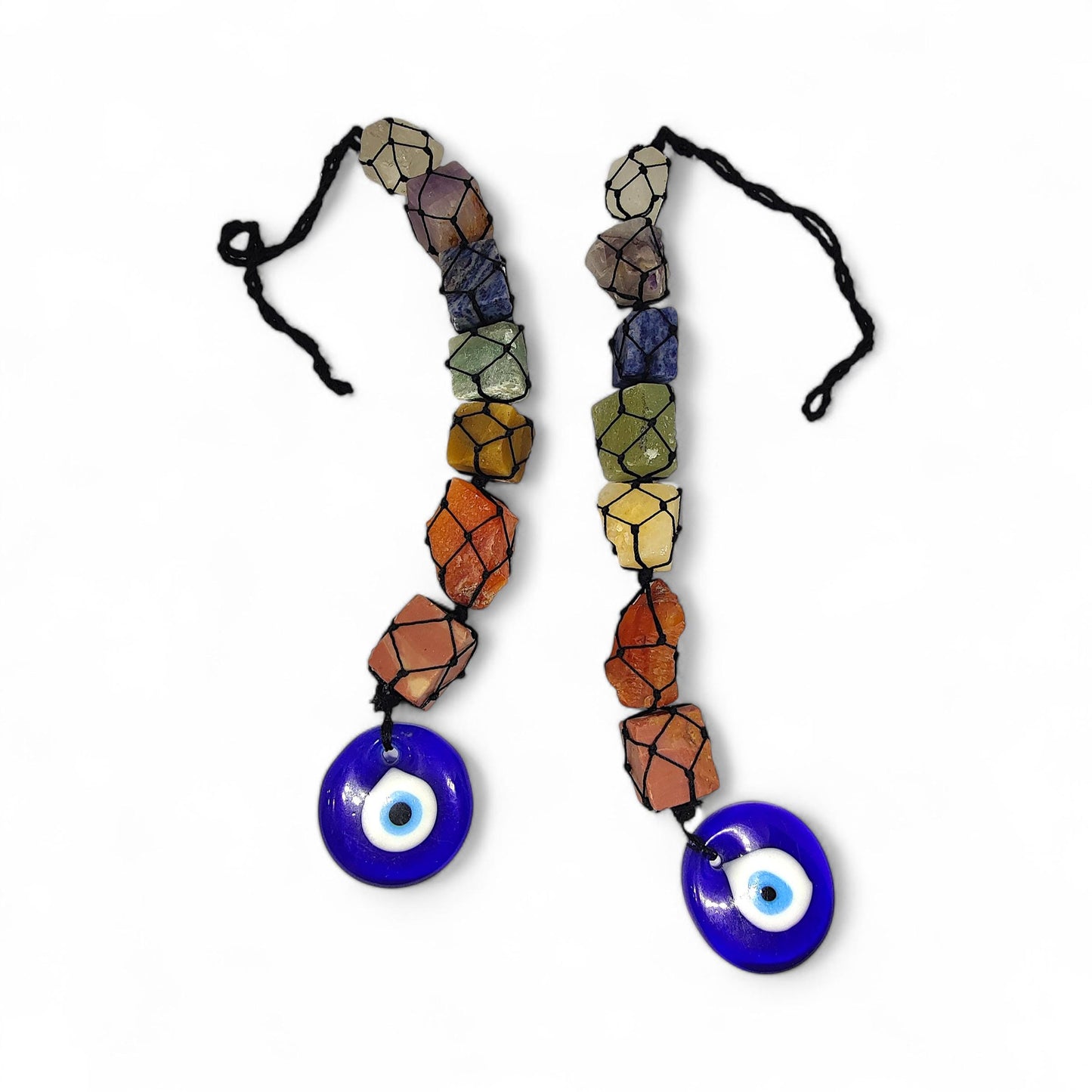 Seven Chakra Raw Crystal Car Hanger with Evil Eye | Healing Stones Rear View Mirror Charm | Spiritual Protection Decor | Balancing Gift