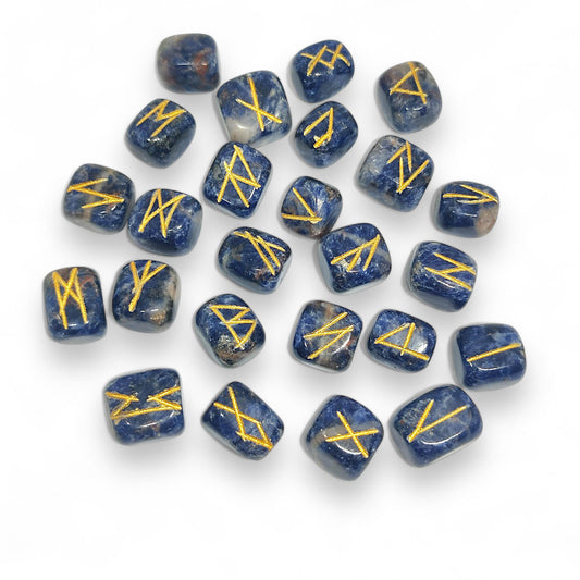 Sodalite Rune Stones Set | 25 Elder Futhark Runes | Blue Crystal Divination Tools | Spiritual Gift with Velvet Pouch