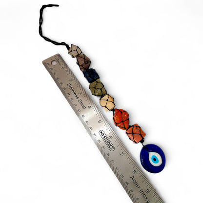 Seven Chakra Raw Crystal Car Hanger with Evil Eye | Healing Stones Rear View Mirror Charm | Spiritual Protection Decor | Balancing Gift