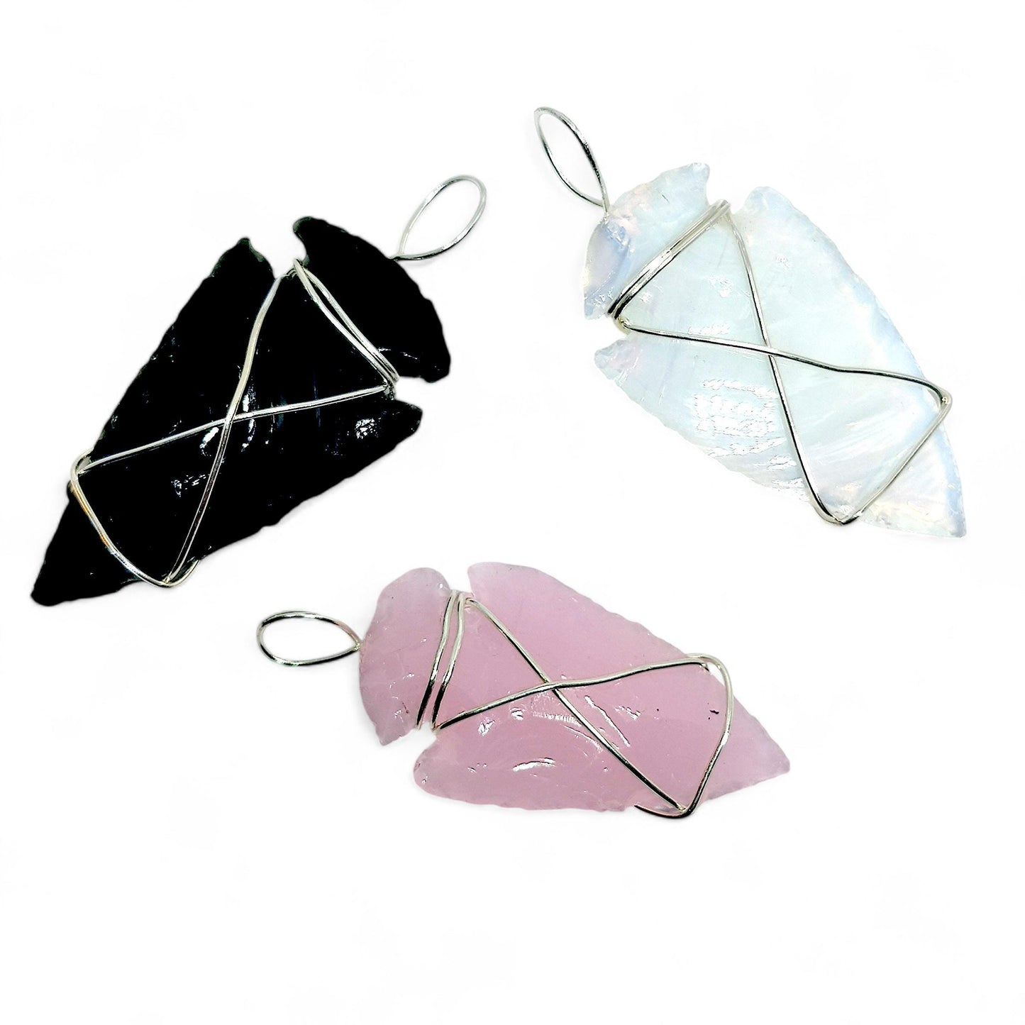 Set of 3 Crystal Arrowhead Pendants | Opalite, Obsidian, Pink Opalite | Wire Wrapped Necklace | Healing Stones | Boho Jewelry | Spiritual