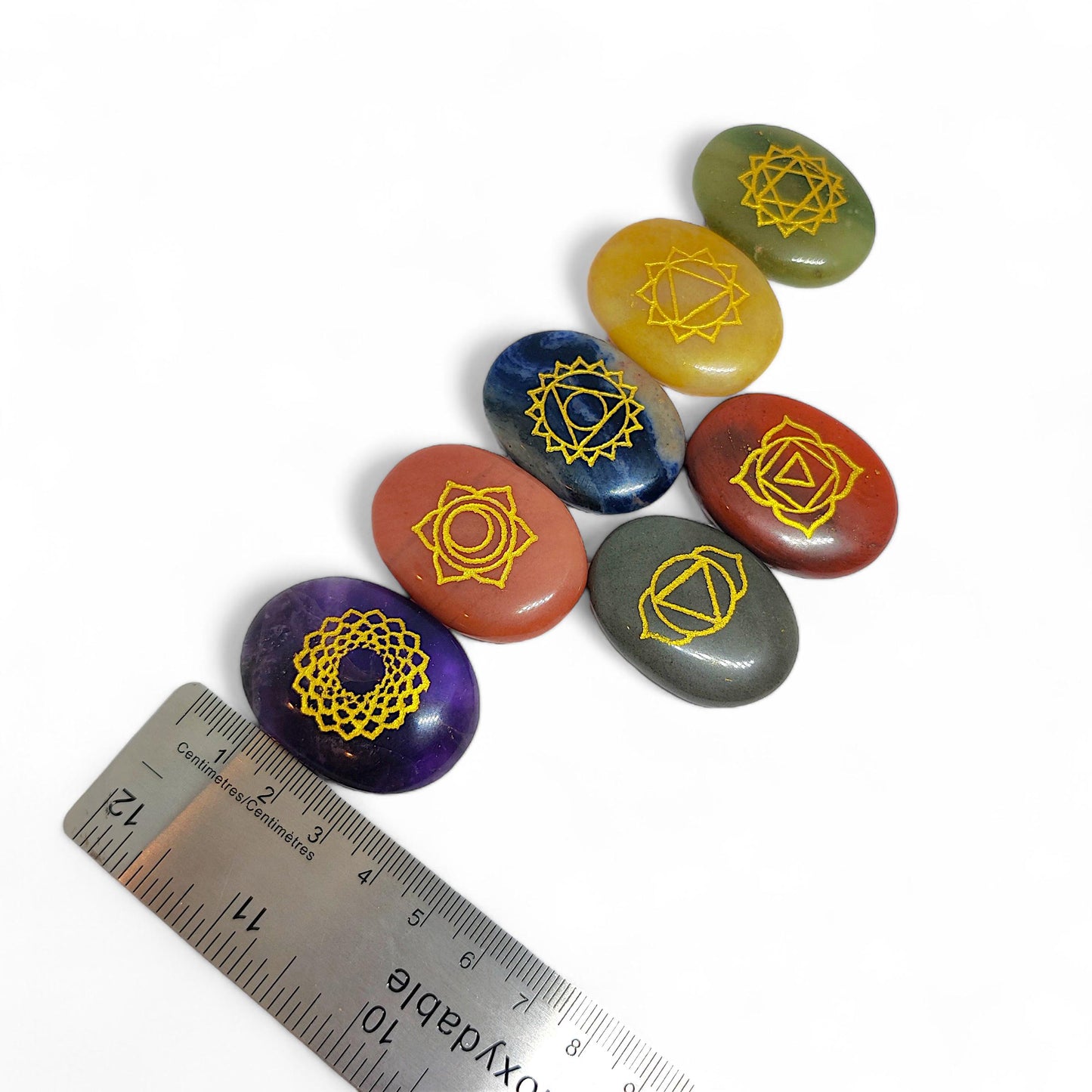 Seven Chakra Engraved Crystal Set | Reiki Healing Stones | Meditation Gems | Spiritual Gift | Balancing Crystals | Holistic Therapy Tools