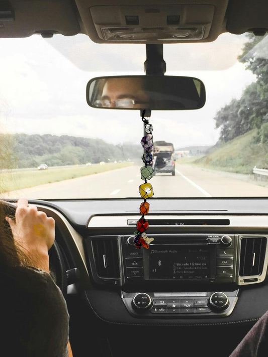 Seven Chakra Tumbled Stone Car Hanger with Chakra Chips | Rear View Mirror Charm | Healing Protection | Energy Spread Gift | Remove Bad Omen