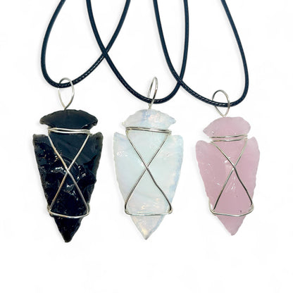 Set of 3 Crystal Arrowhead Pendants | Opalite, Obsidian, Pink Opalite | Wire Wrapped Necklace | Healing Stones | Boho Jewelry | Spiritual