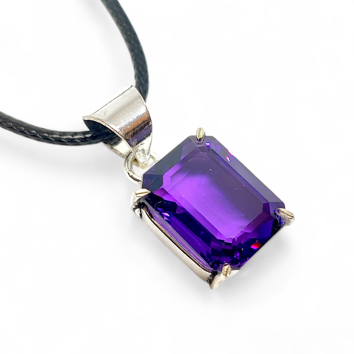 Emerald Cut Amethyst Pendant | German Silver Necklace | Purple Gemstone Jewelry | Healing Crystal Gift | Elegant Handmade Charm | Certified.