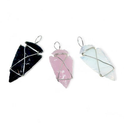 Set of 3 Crystal Arrowhead Pendants | Opalite, Obsidian, Pink Opalite | Wire Wrapped Necklace | Healing Stones | Boho Jewelry | Spiritual