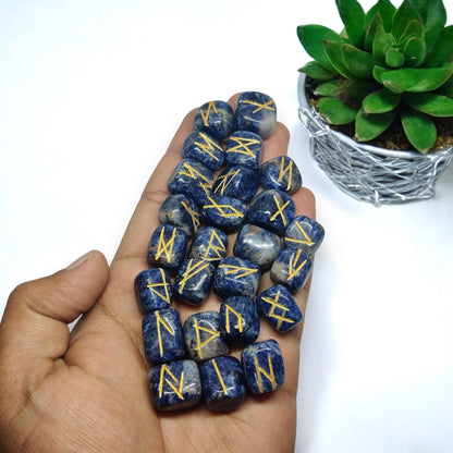 Sodalite Rune Stones Set | 25 Elder Futhark Runes | Blue Crystal Divination Tools | Spiritual Gift with Velvet Pouch